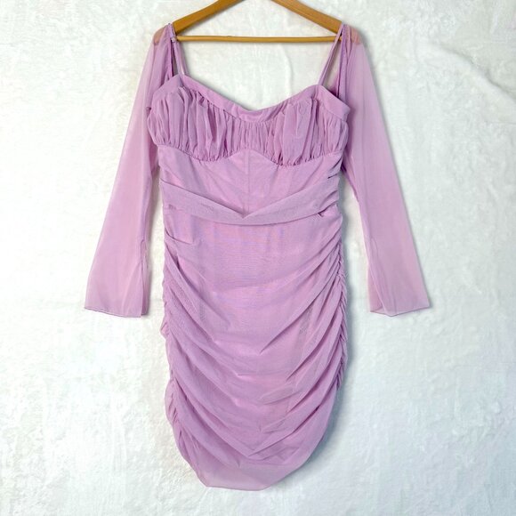 Oh Polly Ruched Sheer Mesh Gathered Mini Dress Womens US 10 UK 14 Pink Lavender - Picture 1 of 8